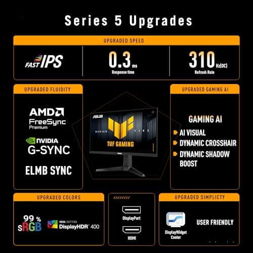 ASUS TUF Gaming Series 5 24.5” 1080P Gaming Monitor (VG259QMRL5A) - Full HD, Fast-IPS Panel, 310Hz, 0.3ms, DisplayHDR400, 99% sRGB, Height Adjustable, DisplayWidget, Gaming AI, 3 yr Warranty