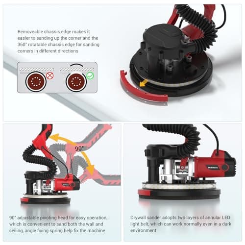 Drywall Sander, Popcorn Ceiling Removal Tool, 1000W Drywall Sander with Vacuum Dust Collector, 6 Variable Speed 500-2000rpm, 18pcs Sanding Discs, Led Light, Foldable & Extendable Handle