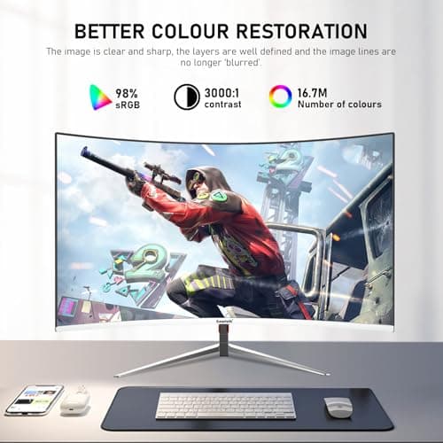 Gawfolk 27 Inch PC Computer Screen,1800R Curved Gaming 180Hz Monitors, FHD1080p 1ms Without Bezel, freesync, 98% sRGB,178 ° Angle View HDMI DisplayPort, Compatible with Wall-Mounted100*100MM-White