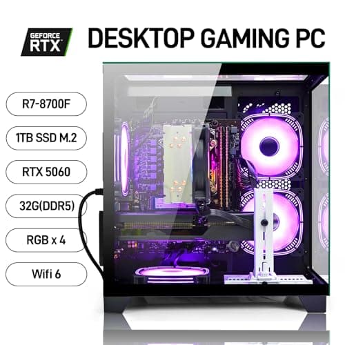 LXZ Prebuilt Gaming PC Ryzen 7 8700F, GeForce RTX 5060 (8GB), 32GB DDR5 RAM, 1TB NVMe 3.0 SSD – Desktop Computer, Tower PC for VR 4K Gamers & Creators