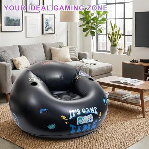 Inflatable Gaming Chair for Kids and Teens with Cup Holders and Side Pocket, Blow Up Bean Bag Gaming Chair for Boys, Comfortable Inflatable Lounge Seat for Gamer Room Decor and Boys Room Furniture