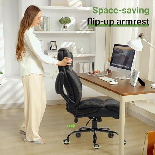 Office Chair, Big and Tall Executive Chairs with Lumbar Support for Back Pain, Breathable Desk Computer Chair with Adjustable Flip-up Armrests, Wide Cushion Swivel Home Office Chair Black PU