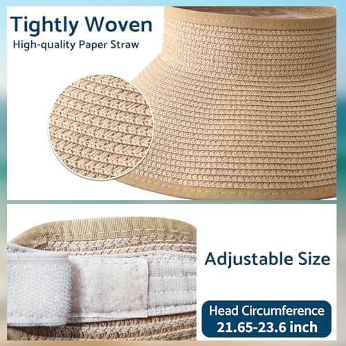 NPJY Sun Hats for Women Wide Brim Roll-Up Beach Ponytail Hat Packable Foldable Travel Straw Visor