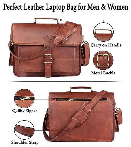ANUENT Genuine Brown Leather Laptop Messenger Bag for Men and Women | Rugged Leather Satchel | Professional Business Briefcase | Crossbody Computer Bag