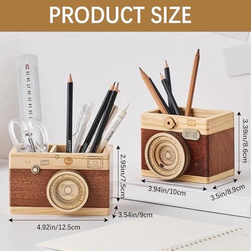 Vintage Wooden Camera Pencil Holder – Retro Desk Organizer for Pens & Stationery, Unique Photography Gift for Photographers, Creative Wooden Pen Holder for Office & Home Decor (Double slot) B0F4R7Z3M2