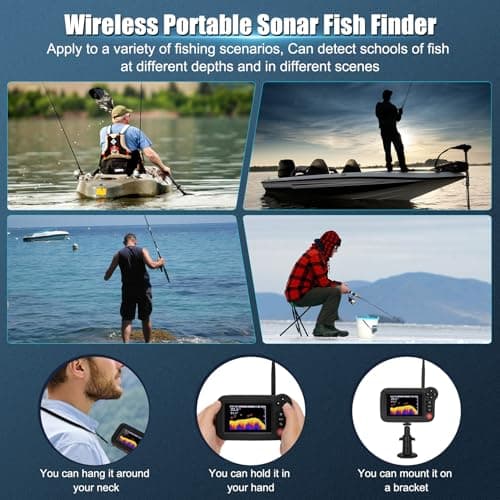 Portable Rechargeable Fish Finder, Wireless Sonar FishFinder, Castable Kayak Depth Finder with 105° Beam Angle and TFT LCD Display, 2.6-164 FT of Depth Locator, for Shore, Sea ＆ Ice Fishing