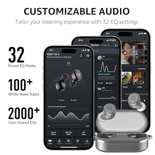 TOZO T10 Wireless Earbuds Bluetooth 5.3 Headphones, App Customize EQ, Ergonomic Design, 55H Playtime, Wireless Charging Case, IPX8 Waterproof Sound in-Ear Headset, New Version