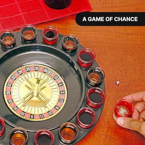 Shot Glass Roulette Drinking Game – 16-Piece Red/Black Set with 2 Metal Balls, Fun Adult Party Game for White Elephant, Game Nights, and Gifts B001JSX7KW