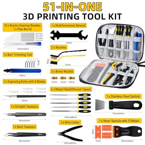 51Pcs 3D Printer Tools Kit,3D Printer Accessories for All FDM/SLA Printers Includes Nozzle Cleaning Tools,deburring Tool,Removal Scrapers,Files,Brushes,Knife,Complete Starter Kit with Storage Case