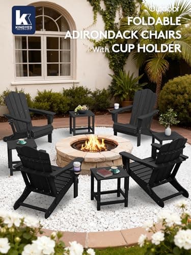 KINGYES Folding Adirondack Chair Set of 6, HDPE All-Weather Patio Chairs, Wooden Textured Lawn Chair for Poolside, Backyard, Deck, Fire Pit, Black