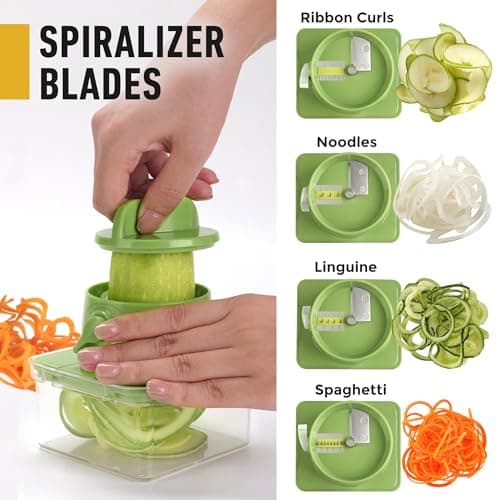 Mueller Pro-Series All-in-One, 12 Blade Mandoline Slicer for Kitchen, Food Chopper, Cucumber Slicer and Spiralizer, Cutter, Dicer, Grater, Gifts for Mom, Kitchen Essentials, White Sand/Green