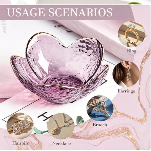 Purple Flower Jewelry Dish Glass Ring Dish Jewelry Tray Cute Vanity Organiser Room Decor Aesthetic Nightstand Bathroom Decor Trinket Dish Ring Holder Valentine's Friendship Birthday Gifts for Women