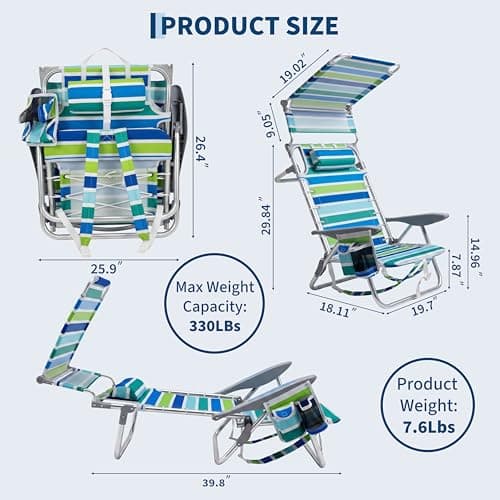 GarveeLife Backpack Beach Chair for Adults, Lightweight Portable Lay Flat Folding Beach Chair with Canopy Shade, 5 Reclining Positions, Backpack Straps, Phone Pocket, Cup Holder & Towel Bar