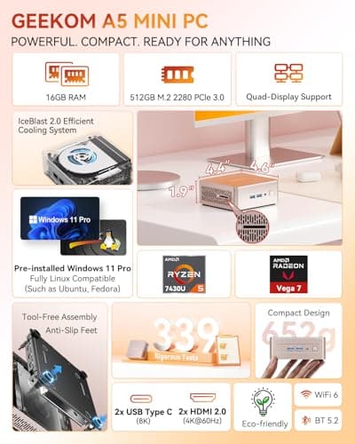 GEEKOM A5 Mini PC with AMD Ryzen 5 7430U, 3-Year Coverage, 16GB RAM(Upgradable, Not LPDDR)&512GB M.2 NVMe SSD, Windows 11 Pro Desktop Computer Support 8K/Wi-Fi 6/BT 5.2/USB 3.2/SD Slot/6x USB