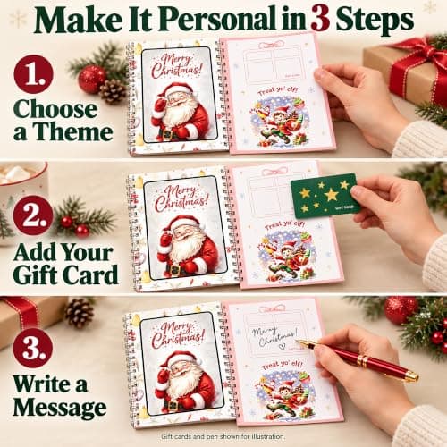 4 spiral-bound Christmas gift card books in 4 designs; each has 10 interior sheets plus front and back covers. DOTH Christmas Gift Card Book, 4 Pack, Spiral Bound for Holiday Gift Giving B0HJCRRFKL