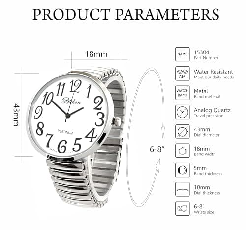 Geneva Blekon Collections Silver Super Large White Face Case Size 43mm EXTRA LARGE Stretch Band Japanese Movement PC21J Fashion Watch