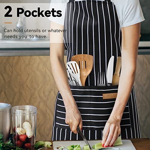 NLUS 2 Pack Kitchen Cooking Aprons, Adjustable Bib Soft Chef Apron with 2 Pockets for Men Women(Black/Brown Stripes) B08F79GXXM