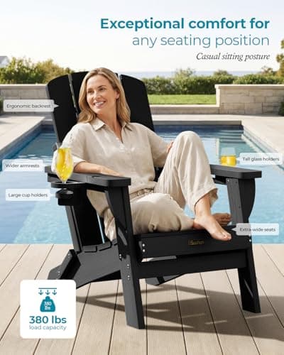 Folding Adirondack Chair, HDPE All-Weather Fire Pit Chairs, Plastic Adirondack Chairs with 2 Cup Holder, Outdoor Lawn Chair for Patio Garden (Black)