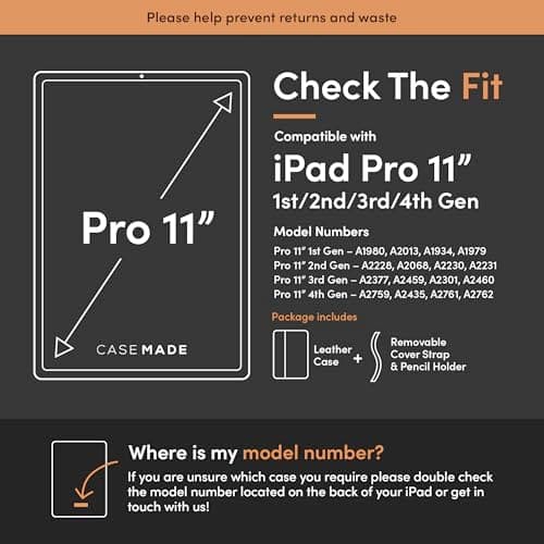Casemade Real Leather Case Compatible with iPad Pro 11” 1st/2nd/3rd/4th Gen (2018/2020/2021/2022) - Full-Grain Leather Cover, Auto Sleep/Wake, Dual Stand Position (Tan)