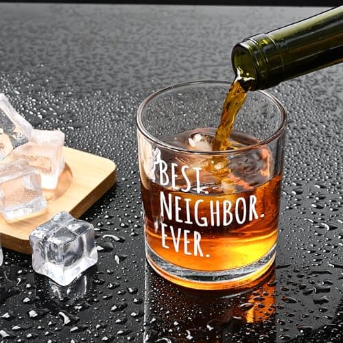 Futtumy Best Neighbor Ever Whiskey Glass, Farewell Gifts for Neighbors, Moving Away Housewarming Goodbye Welcome Appreciation New Neighborhood Novelty Christmas Gift, 10 Oz Old Fashioned Glass