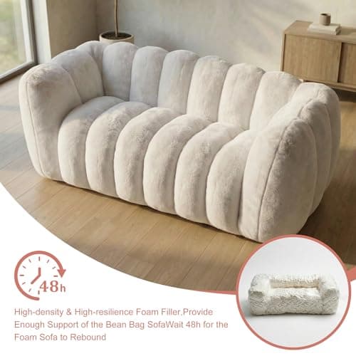 Oversized Bean Bag Sofa for Adults, Comfy Faux Fur Floor Lounger Loveseat Couch with Shredded Foam Filling, Large Bean Bag Sofa Plush Bean Bag Couch for Living Room, Bedroom, Apartment, Beige