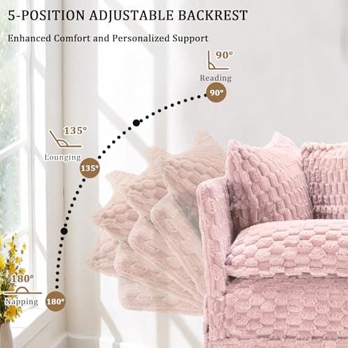 Faux Fur Chaise Lounge Indoor with Adjustable Backrest, 59 Inches Single Sleeper Sofa Chair with 3 Lumbar Pillows, Upholstered Oversized Lounge Chair for Living Room, Bedroom, Office
