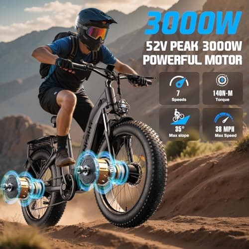 Dual Motor Ebike, 3000W Electric Bike for Adults, 52V 20Ah 26" Fat Tire Fast Ebike Max 38 Mph, up to 90 Miles, Off-Road Mountain E-Bike for Men Women, Step-Through Design