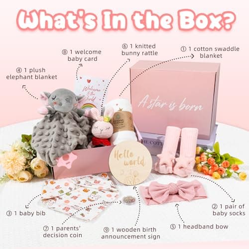 Newborn Baby Girl Gift, 9 Pcs Baby Gifts for Girls Newborn Essentials, New Baby Girl Gift Basket Baby Shower Gender Reveal Gifts, New Mom Gift Swaddle Blanket Bunny Rattle Gift Set