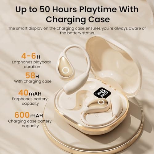 Open Ear Earbuds wireless bluetooth Headphones 5.4 Sports with Smart Digital Display,Clear Calls,50H Playtime,IPX4 Waterproof,Lightweight Over Ear Buds Design for Cycling, Running, Workout(Beige)