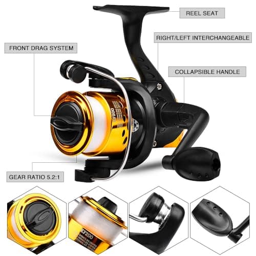 Fishing Reel 5.2:1 Gear Ratio Compact Design Includes Fishing Line for Portable Angling, Shore, Boat, Travel
