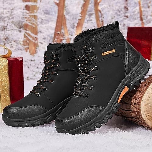 CARENURSE Mens Snow Boots Winter Warm Fur Lined Shoes Non-Slip Insulated Hiking Boot