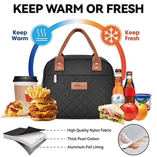 HOMESPON Insulated Lunch Bag for Women Men Adults Lunch Tote with Front Pocket Lunch Box Container Cooler Bag for Work Picnic (Black)