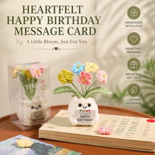 Happy Birthday Message Card, Cute Colorful Handmade Keepsake, Gift for Her, Mom, Best Friend, Sister, Coworker, 4.7 × 2.4 In Crochet Forget Me Not Flower Pot Birthday Gifts for Women B0GXV6J1ZG