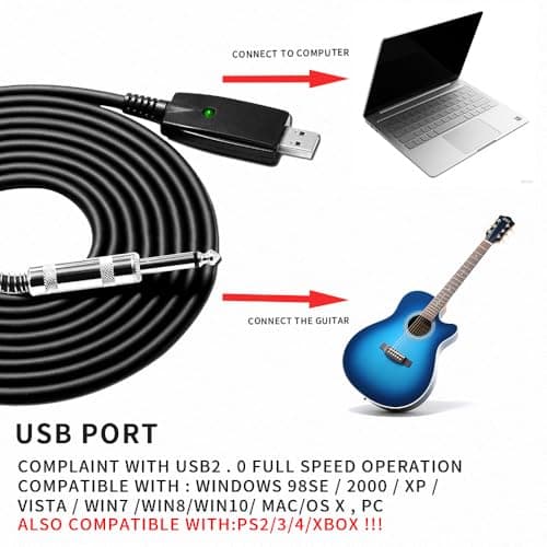 HixYaxi USB Guitar Cable USB to 6.35mm 1/4 Inch TS Audio Cable Guitar to Pc Interface for Instruments Recording Electric Guitar Cord 1/4 Inch Instrument Cable for Guitar, Bass and More - 10FT/3.1M