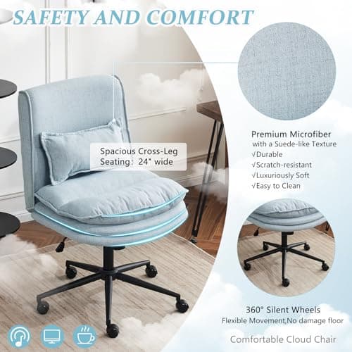 VINGLI Cloud Criss Cross Legged Chair,18" High Back Armless Home Office Desk Chair with Wheels,Wide Adjustable Comfy Padded Seat Task Computer Chair,Modern Swivel Makeup Vanity Chair,Fabric,Blue