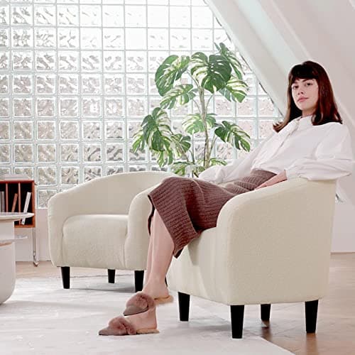 Yaheetech Barrel Chairs, Furry Accent Chairs with Soft Padded Armrest for Living Room Bedroom Waiting Room Office, Set of 2, Ivory