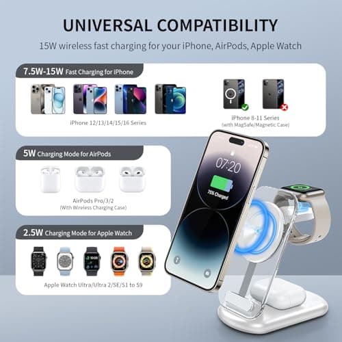 2026 Traveling Wireless Mag-Safe Fast Charging Station,Magnetic 3 in 1 Charger with Light for iPhone 17 16 15 14 13 12 Pro Max Plus,Apple Watch& Air pods 4 3 2 Pro-Gifts for Wife & Husband(White)