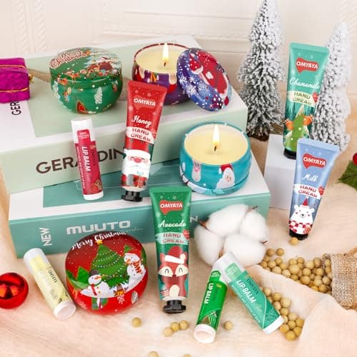 Candles Gifts for Women, 4 Christmas Scented Candles, 4 Mini Hand Cream Lotion & 4 Lip Blam Gift Set for Women, Ideal Party Favors Christmas Gifts Stocking Stuffers for Mom, Coworker, Teacher, Friend