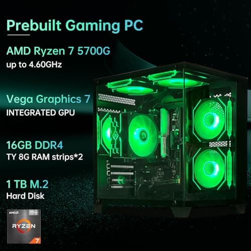 ALCPOK PC Gaming Desktop AMD Ryzen 7 5700G RAM 16G 3200MHz DDR4 1TB M.2 Prebuilt Computer Tower 550W Bronze Power Supply ARGB Air Colling Computer for Office Game