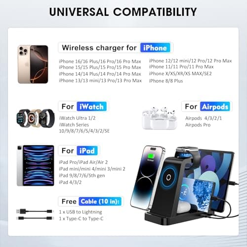 Wireless Charger for iPhone - 5 in 1 Charging Station for Multiple Devices Apple: Fast Wireless Charging Stand Dock for iPhone 17 16e 16 15 14 13 12 Pro Max Apple Watch Airpods
