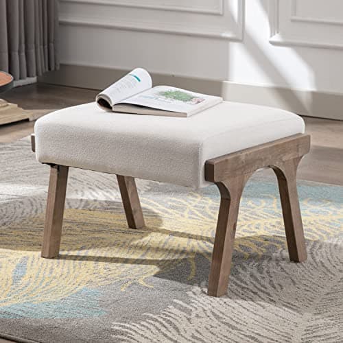chairus Mid-Century Modern White Linen Accent Chair with Ottoman, Comfy Upholstered Lounge Armchair with Removable Cushions & Solid Wood Frame, Fabric Reading Chair for Living Room Bedroom Office