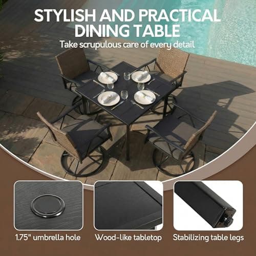 5-Piece Patio Dining Set for 4，Outdoor Dining Set with Wicker Swivel Patio Dining Chairs with Cushions & 1 Black Square Woodgrain Dining Table with 1.75”Market Umbrella Hole, Black & Brown