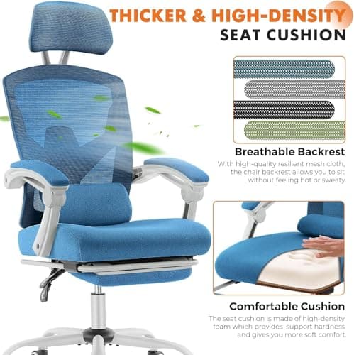 Sweetcrispy Office Computer Desk Chair with Footrest,Ergonomic High-Back Mesh Rolling Work Swivel Chairs with Wheels,Comfortable Lumbar Support,Comfy Arms for Home,Bedroom,Study,Student,Light Blue