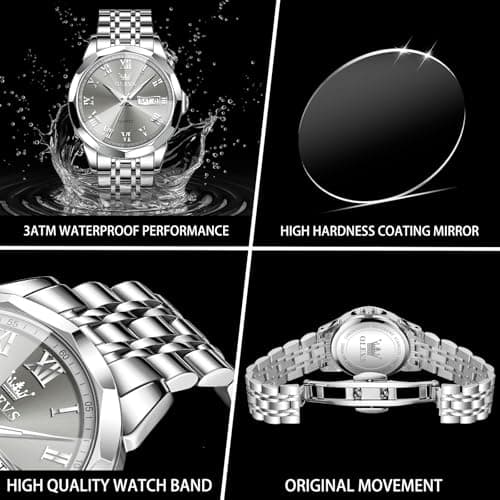 OLEVS Mens Silver Watches Luxury Waterproof Silver Watch for Men Analog Quartz Stainless Steel Men's Dress Watches Classic Casual Wrist Watch Large Face with Date Relojes para Hombres