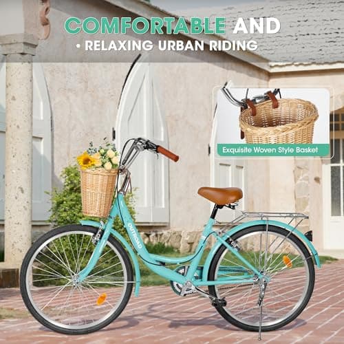 Outroad Beach Cruiser Bike, 24/26 inch Commuter Bicycle for Adult and Women,High-Carbon Steel Comfortable City Bikes with Rear Rack and Basket, (Black/Pink/White/Green/Purple)