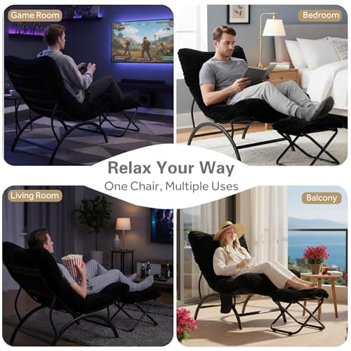 Welnow Black Lazy Chair with Ottoman, Oversized Reading Chair for Adults, Soft Padded Lounge Accent Chair for Living Room, Bedroom, Comfortable Reclining Leisure Chair with Side Pocket
