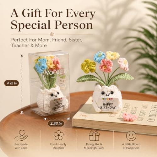 Happy Birthday Message Card, Cute Colorful Handmade Keepsake, Gift for Her, Mom, Best Friend, Sister, Coworker, 4.7 × 2.4 In Crochet Forget Me Not Flower Pot Birthday Gifts for Women B0GXV6J1ZG