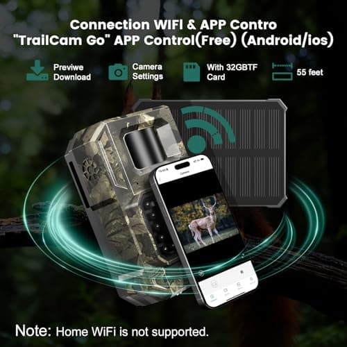 MAXDONE Solar WiFi Trail Camera Bluetooth Game Camera, 4K 64MP Wildlife Cameras 2000mAh Built-in Battery Rechargeable Power Hunting Cameras with Night Vision Trail Cam Bluetooth Wi-Fi Deer Cams