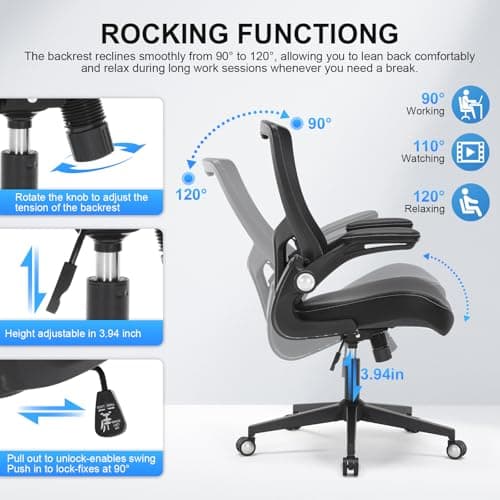 Office Chair, Ergonomic Desk Chair with Adjustable Lumbar Support, Breathable Mesh Computer Chair with Flip-up Armrests, 350lbs Comfy Swivel Task Chairs for Home Office, Black
