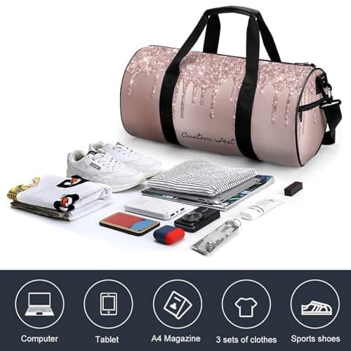 Aicihert Customized Travel Bag Personalized Rose Gold Glitter Pattern Duffle Bag with Name Large Capacity Sports Bag Custom Gym Bag for Women Men